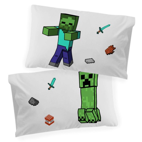 Jay Franco Minecraft Nighttime Glow in The Dark リバーシブル枕カバー 2枚パック クリーパーとゾンビが特徴 - 両面 キッズ スーパーソフト寝具 (Minecraft 製品)