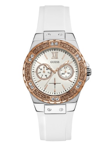 GUESS Women Stainless Steel + Stain Resistant Silicone Watch with Day + Date Functions ステンレススチール シリコンウォッチ付き (White/Silver/Rose Gold)