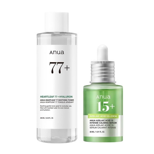 ANUA(アヌア)ドクダミ 77スージングトナー 250ml + アゼライン酸15インテンスカーミングセラム30ml 2STEPセット(化粧水＋美容液) 油水分バランス 皮脂 毛穴ケア cica azelaic serum ゆらぎ肌 混合肌 オイリー肌 スキンケア・
