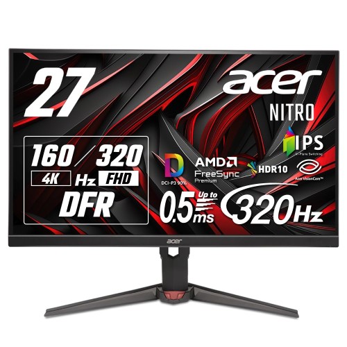 Acer 27インチ 可変リフレッシュレート 0.5ms 320Hz(FHD) 160Hz(4K) IPS 非光沢 DCI-P3 90% エルゴスタンド AMD FreeSync Premium HDR10 ブルーライト低減 ブラックブースト HDMI 2.1 DisplayPort v1.4 スピーカー・ヘッドフォン端子 Nitro ゲーミングモニター XV270KV4bmiip