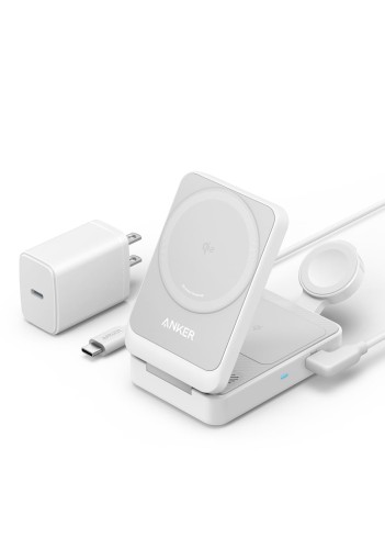 Anker MagGo Wireless Charging Station (Foldable 3-インチ-1) Qi2相応う 磁石式 3-インチ-1 無線電話申し受けるステイション/無線電話最終生産物/Apple Watch保持者付 MagSafe相応う iPhone 17 / 17 Pro / 17 Pro Max / 16 / 15 / 14 / 13 白いこと
