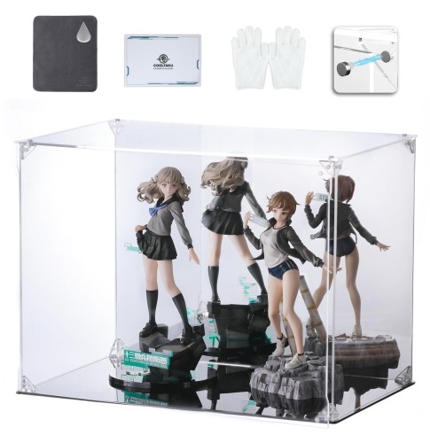 COOLTAKU フィギュアケース UVカット アクリル 背面ミラー マグネット式 磁石付き 前扉 コレクションケース より堅固 組み立て式 アクリルケース ディスプレイケース 防汚れ 手袋 クリーニング クロス付き (幅40×奥行25×高さ30cm, 黒い台座＋背面ミラー)