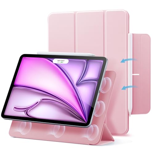 ESR iPad Air 13インチ ケース (M3/M2、2025/2024) iPad Pro 12.9 専用カバー 第6/5/4世代(2022/2021/2020) 強力マグネット吸着式 スリムな三つ折りスタンドケース Pencil Pro/USB-C対応 自動ウェイク/スリープ 耐久性保護 Reboundシリーズ ピンク