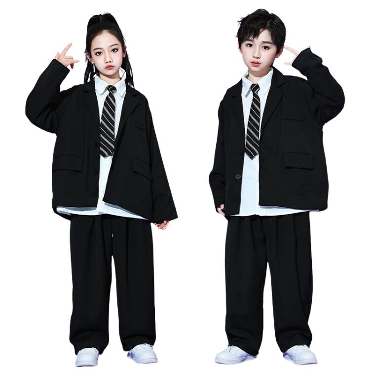 シャツ 男の子 ヒップホップ ダンス衣装 キッズ P5 ロングパンツ 長袖 黒 ダンススーツ ジャケット ネクタイ 発表会 白 女の子