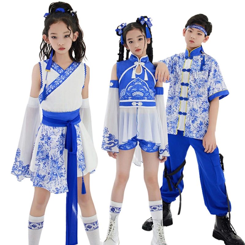 白 セットアップ 青 ブルー チャイナ風 ホワイト キッズ ダンス ダンス衣装 jazz ダンス衣装 演出服 ヒップホップ 子供 ステージ 4,160円
