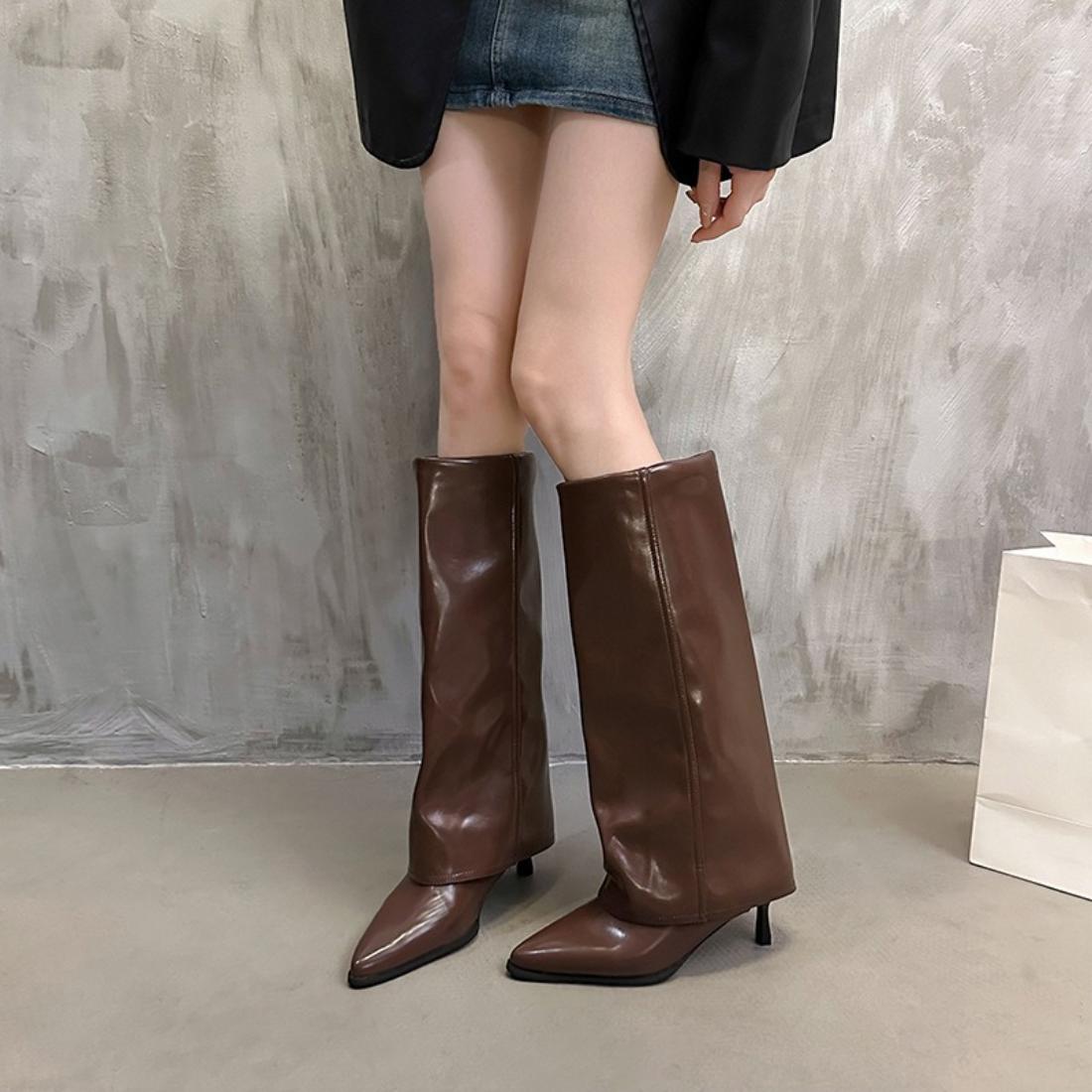 ヒール5cm ブーツ スタイルア レイヤード 重ねたようなデザインが旬なカバーロングブーツ 大人カジュアル Iライン｜エンジョイ工房