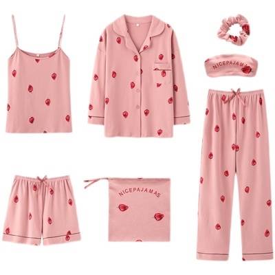 送料無 シュシュ アイマスク 巾着 ショートパンツ ロングパンツ パンツ キャミソール レディース 長袖 半袖 いちご柄 7点セット