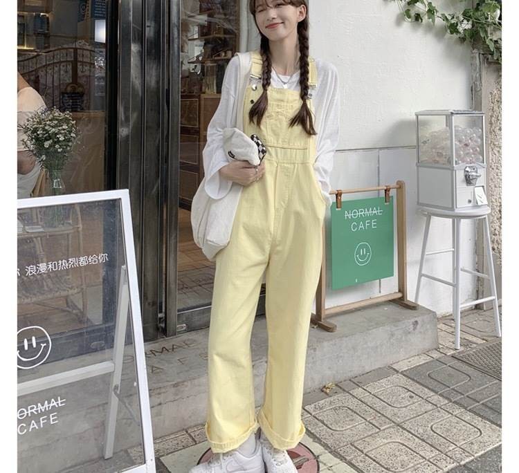 レディース ロング丈 デニム パンツ パステルカラー カジュアル ルーズ 個性 サロペット 黄色 オーバーオール ボトムス