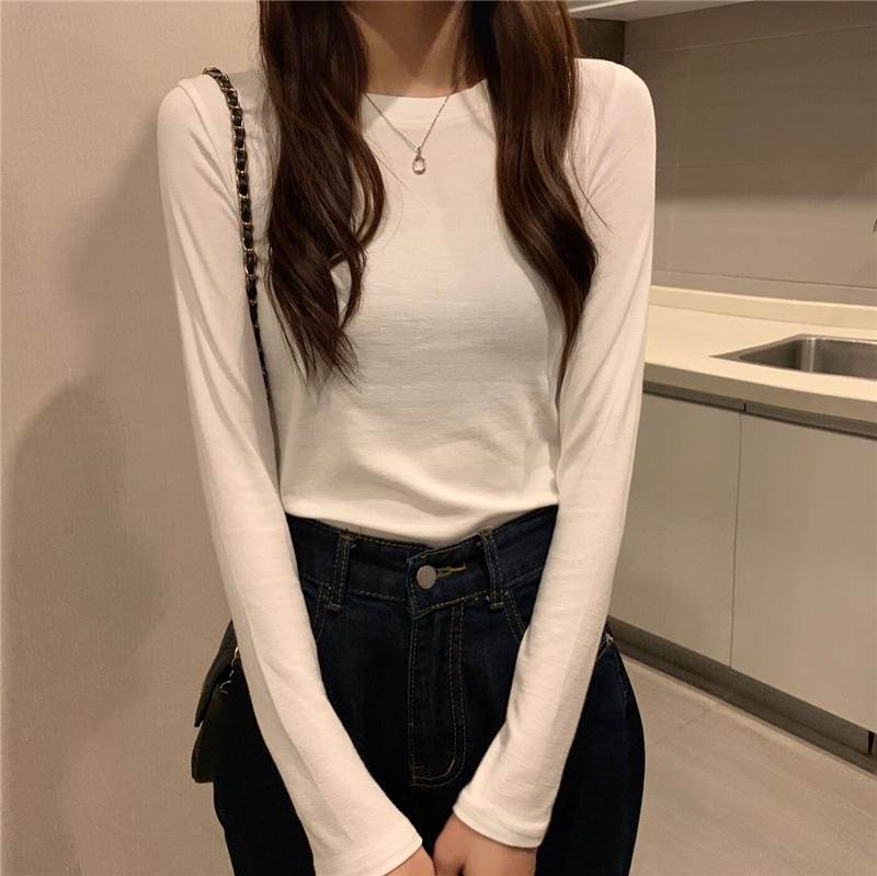 ラフ おしゃれ カジュアル シンプル きれいめ かわいい ストレート ラウンドネック 長袖 ミドル丈 Tシャツ トップス レディース