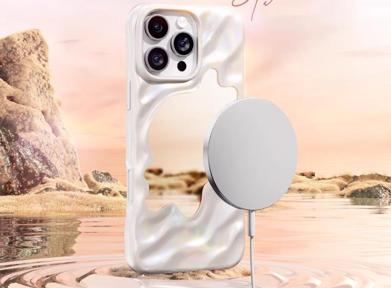 レディース 波 鏡鑑 Apple Magsafe 磁気申し受ける 保護すること 持ちはこぶ電話を掛ける ゴールド しろがね色 白いこと ProMax Pro 16 iPhone 押しかぶせる 入れもの