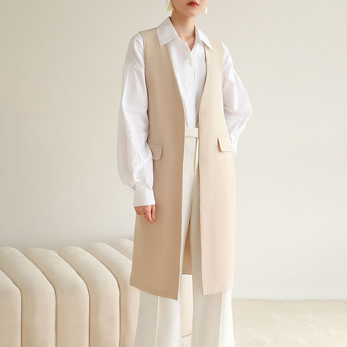 2XL アウター ノーカラー ロング丈 カジュアルコート ベージュ 薄手 夏 ロングベスト レディース ベージュ ロング丈 ベスト ジレ