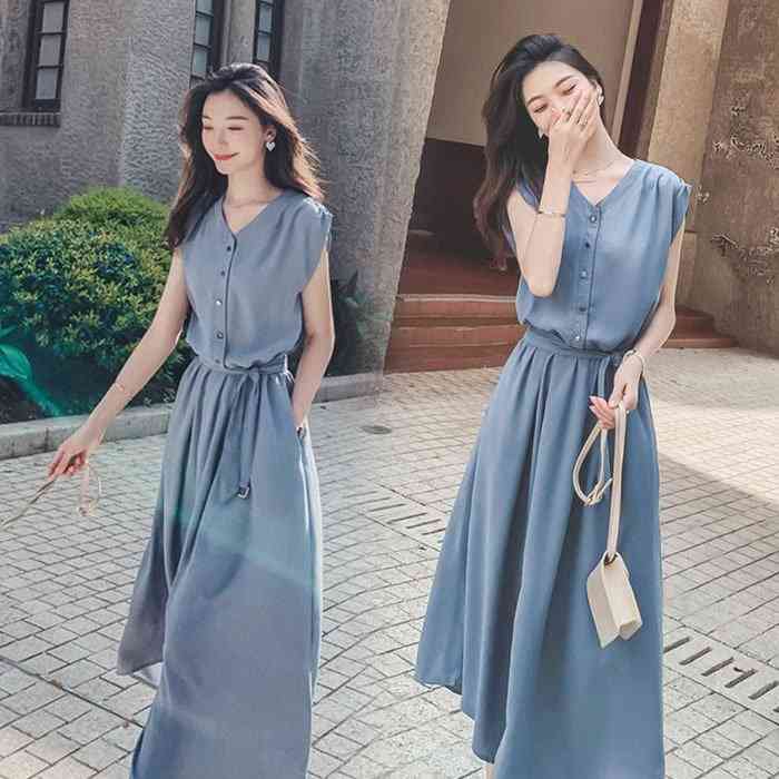 心地好い韓国 オシャレ 雅びやか A伝達ルート ティーシャツ衣裳 シフォン無地衣裳 フレンチ衣袂 40代 マキシ衣裳 春夏