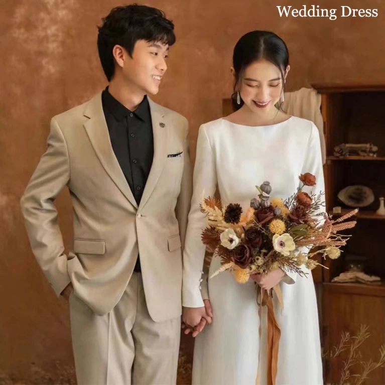 パーティ 挙式 結婚式 前撮り/後撮り 高級感 ロングドレス シンプル 白ワンピース スレンダードレス サテン 長袖 お花嫁ドレス