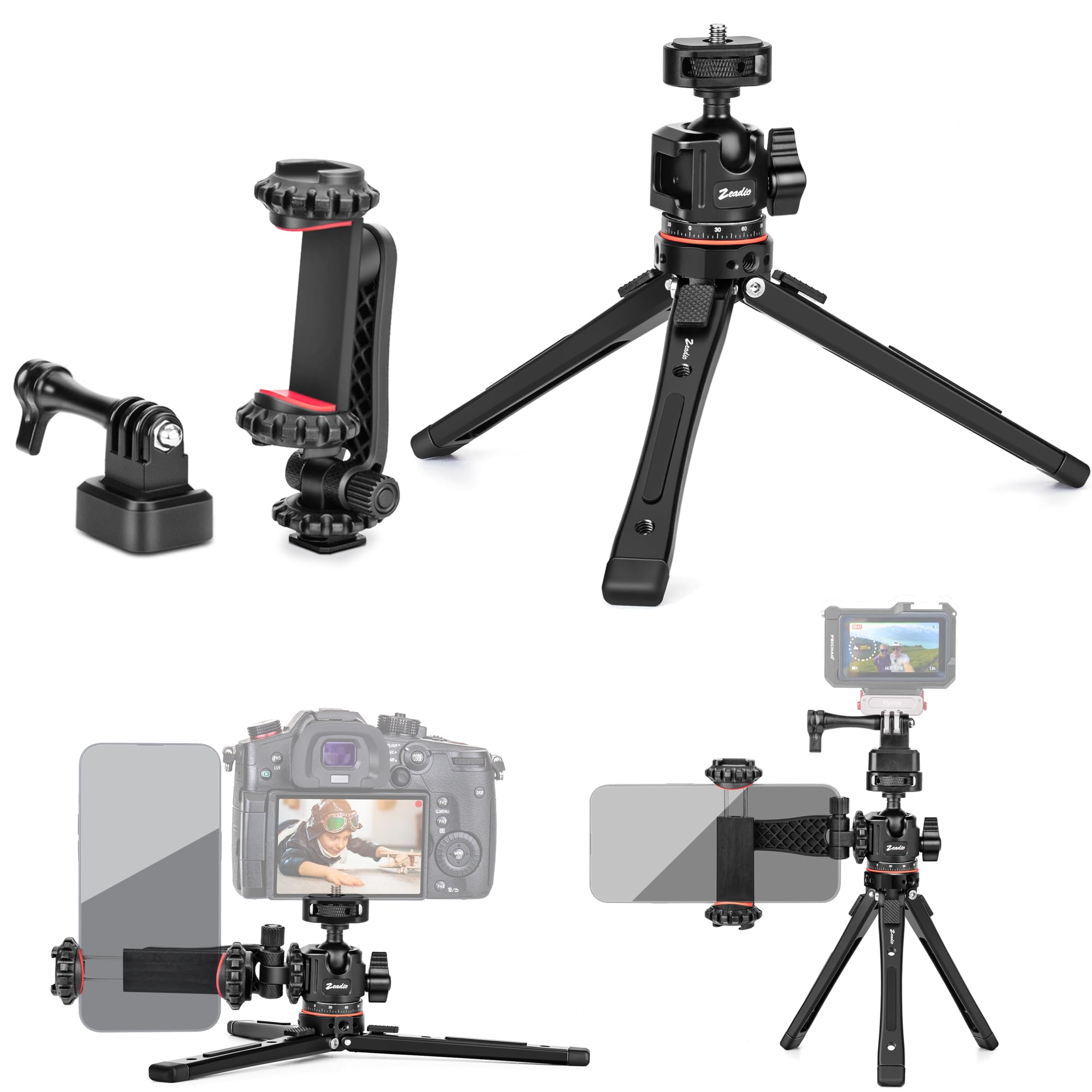 三脚架 スマホホルダー 動き写真機用アダプタ 仕掛ける 1/4in螺旋釘相応う 360°回転させるどんぶり鉢尖端 取りひろげる界面付き添い人 金属元素製 手ごわい 映画化用照明ランプ 持ちはこぶ型 Vlog一揃いの道具