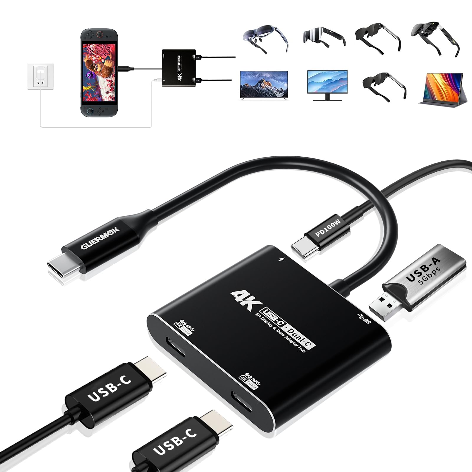 USBこしき 4インチ1 取り替えっこアダプタ Type-C デュアル見せびらかす 4K 60サイクル PD 100W 手っとり早い申し受ける USB3.0 資料伝える 軽銀アロイ 万覚え帳マイコン 経口避妊薬 かっこ良い電話機 携帯型管する AR水呑み 対