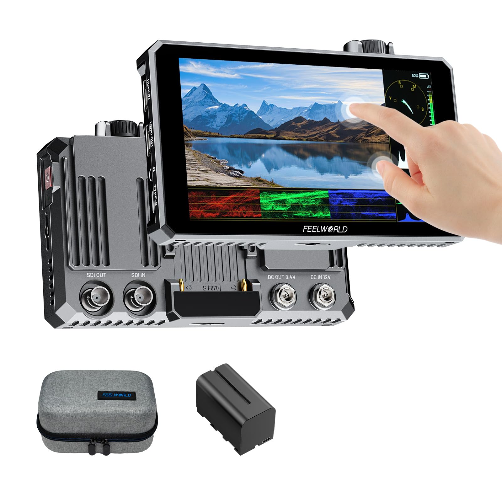 活動の領域管する 6in FHD 1500nit タッチパネル 3D LUT HDR相応う HDMI 3G-SDI 4K相応う 高明快さ 軽銀筐体 持ちはこび容れもの 日がさ付 映画化用備品