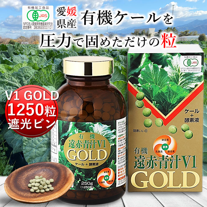 遠赤青汁V1GOLD 1250粒ビン[送料無料 有機 青汁 国産 子供 青汁粒 粒 タブレット ケール オーガニック 酵素 無添加 無農薬 コレステロール 野菜 食物繊維 野菜不足 ビタミン ミネラル 鉄 葉酸 アミノ酸 ギャバ GABA ]