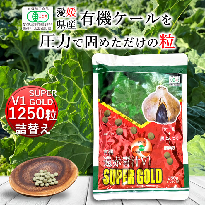 遠赤青汁V1SUPER GOLD 1250粒 詰替[送料無料 有機 国産 青汁 子供 青汁粒 粒 タブレット ケール 酵素 無添加 無農薬 コレステロール 野菜 食物繊維 野菜不足 ビタミン ミネラル 鉄 葉酸 アミノ酸 ギャバ GABA ]