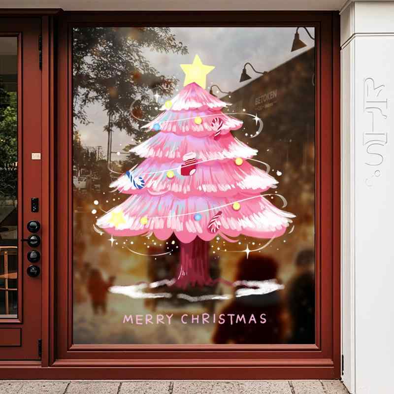 ウォールステッカー クリスマス ピンク 雪の結晶 クリスマスツリー 窓飾り 静電タイプ 貼ってはがせる 再利用可能 PVC 窓ガラス 玄関ドア デコレーション シール 雰囲気作り イベント 飾り付け
