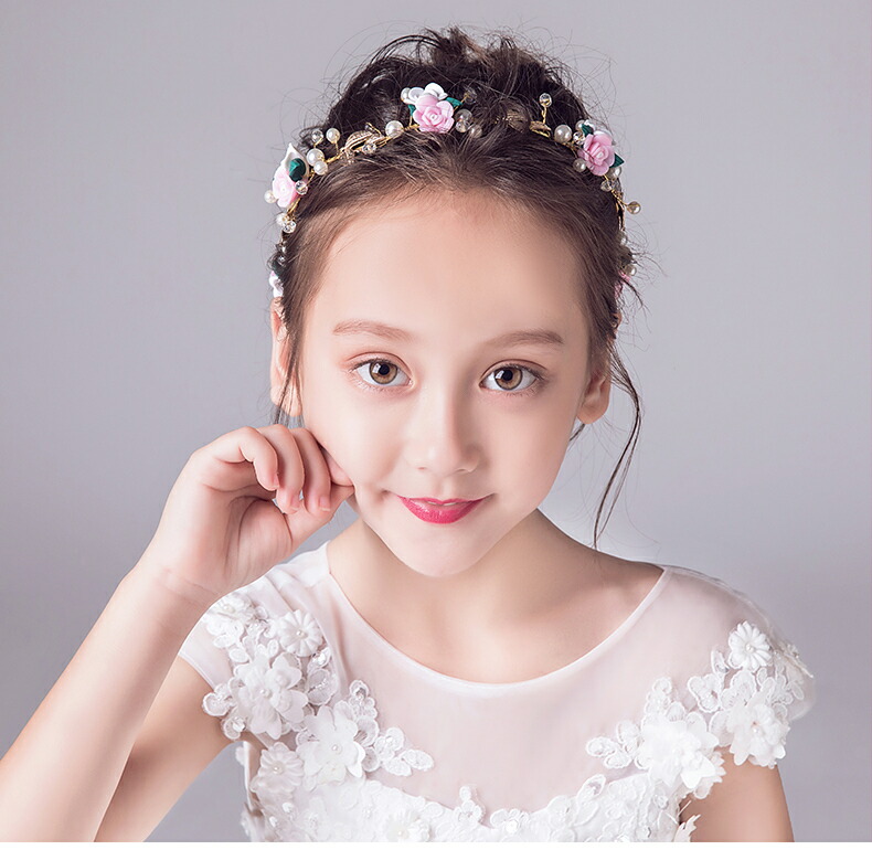 ヘアアクセサリー ヘッドドレス 女の子 ピンク カチューシャ ティアラ キッズ リーフ 花 子供 薔薇 髪飾り
