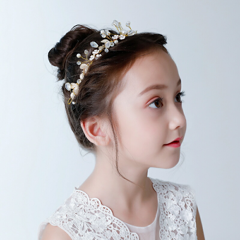 ヘアアクセサリー 髪飾り キッズ ゴールド 花 ピアノ発表会 女の子 ホワイト クリスタルビーズ 子供 リーフ ヘッドドレス