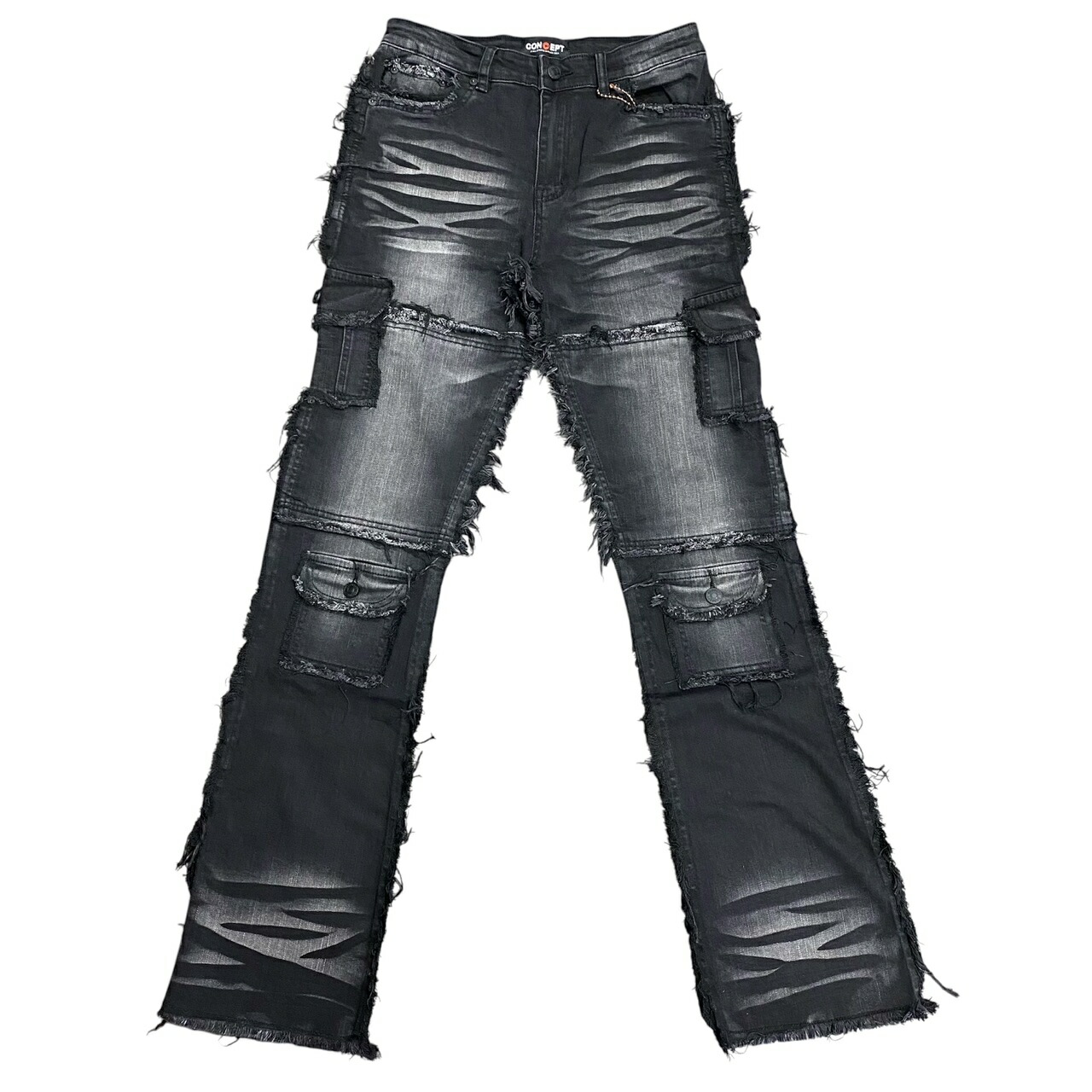 コンセプト CONSEPT LA FLARE PANT フレア デニム パンツ メンズ STACK JEANS スタックパンツ 黒 ブラック リメイク ワイド ウォッシュ加工 ダメージ STREET ストリート アメリカブランド|MAGIC APPLE