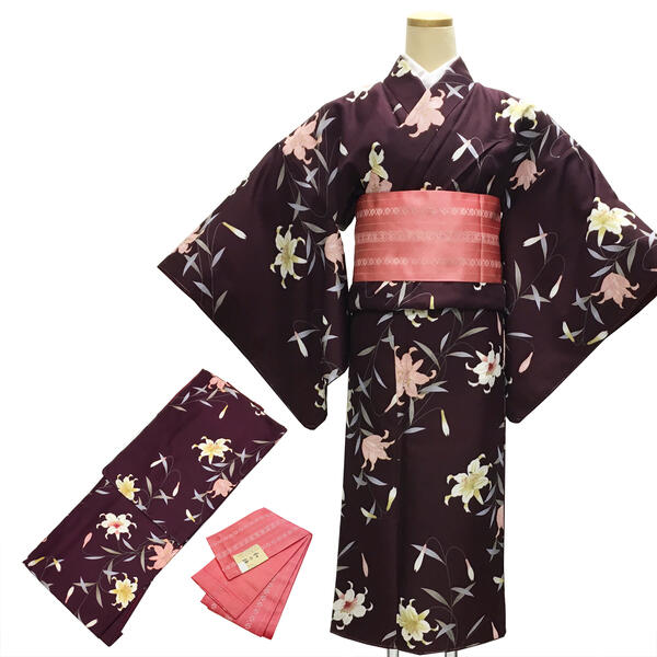着物 半幅帯 2点 セット No.30 女性 小紋 袷 Mサイズ 葡萄茶色 百合 薄紅色 真朱色 献上柄 ポリエステル 合繊 在庫処分品 【宅配便】