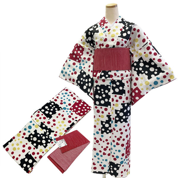 着物 小袋帯 2点 セット No.48 Mサイズ ポリエステル着物 hiromichi nakano 白 水玉 小紋 綿帯 綿半幅帯 赤 縞 在庫処分品 【宅配便】