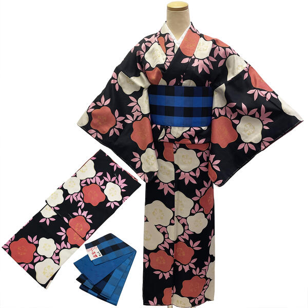 着物 小袋帯 2点 セット No.52 Lサイズ 黒 花 小紋 黒 紫 グレー 縞 市松 ポリエステル hiromichi nakano 在庫処分品 【宅配便】
