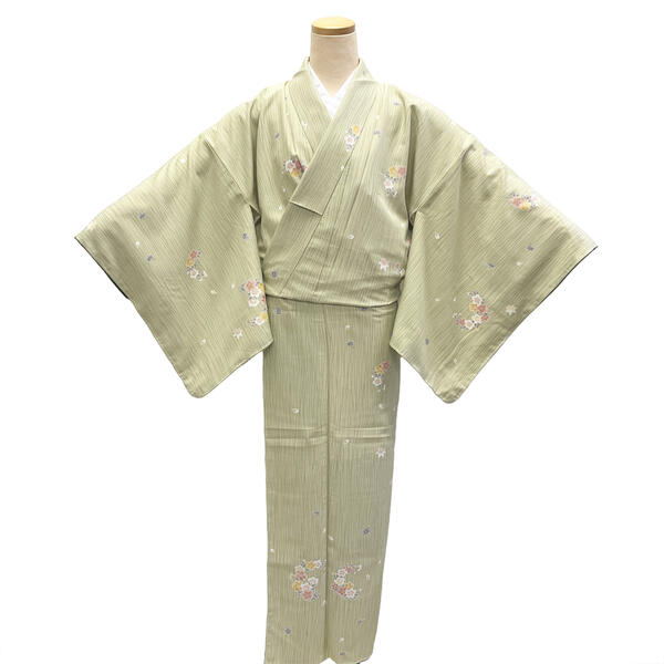着物 小紋 袷 No.ed50 若菜色 薄黄緑 桜柄 万葉 寺井 くれはざ 呉服座 在庫処分品 【宅配便】|きものShop衿子