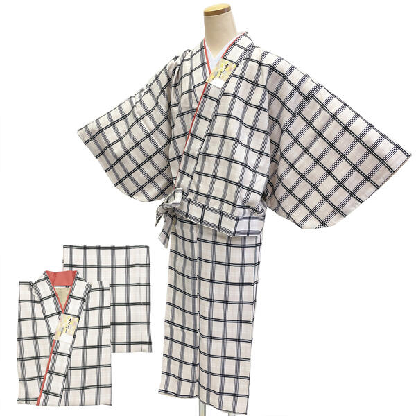 二部式 着物 洗える No.119 生成 灰梅色 格子 L ユニフォーム セパレート 女性用 きもの レディース 制服 和装 旅館 飲食店 在庫処分品 【宅配便/LE】