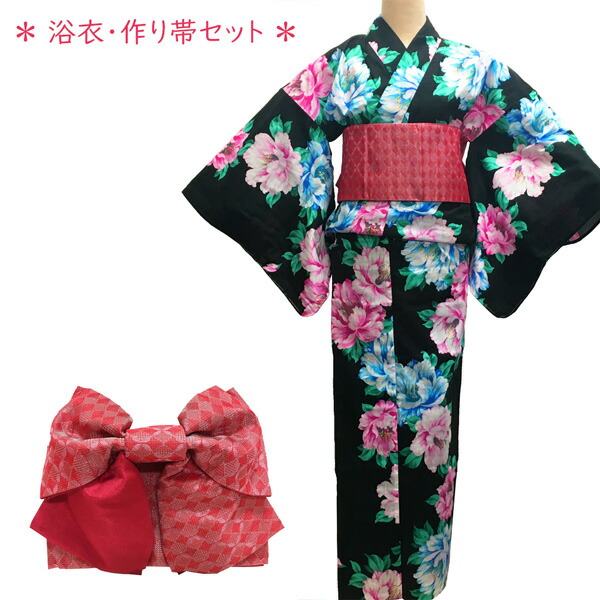 浴衣　帯セット　作り帯　レディース　黒　紫　花柄 浴衣 作り帯 セット 女性用 No.62 綿絽 黒 天竺牡丹柄 ピンク 梅