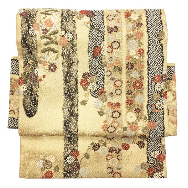 作り帯 付け帯 二重太鼓 No.53 榛色 金 花 お太鼓結び 正絹軽装帯 文化帯 在庫処分品 【宅配便】