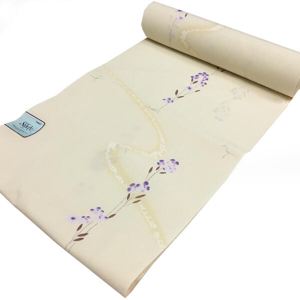 反物 小紋 着物 No.12 クリーム色 練色 花柄 東レ siljely シルジェリー ポリエステル 在庫処分品 【宅配便】