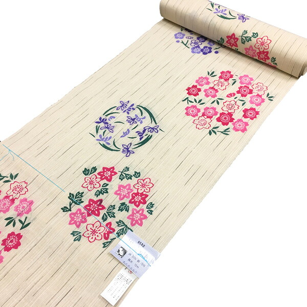 反物 浴衣用 源氏物語 No.04 ベージュ 花の丸柄 注染 在庫処分品 【宅配便】｜きものShop衿子