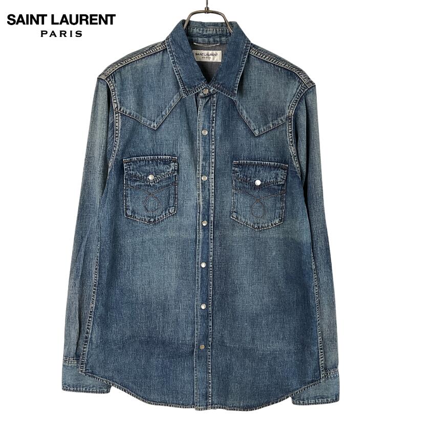 SAINT LAURENT PARIS サンローランパリ デニムウエスタンシャツ エディ期 M ウォッシュブルー｜TREND STOCK 店