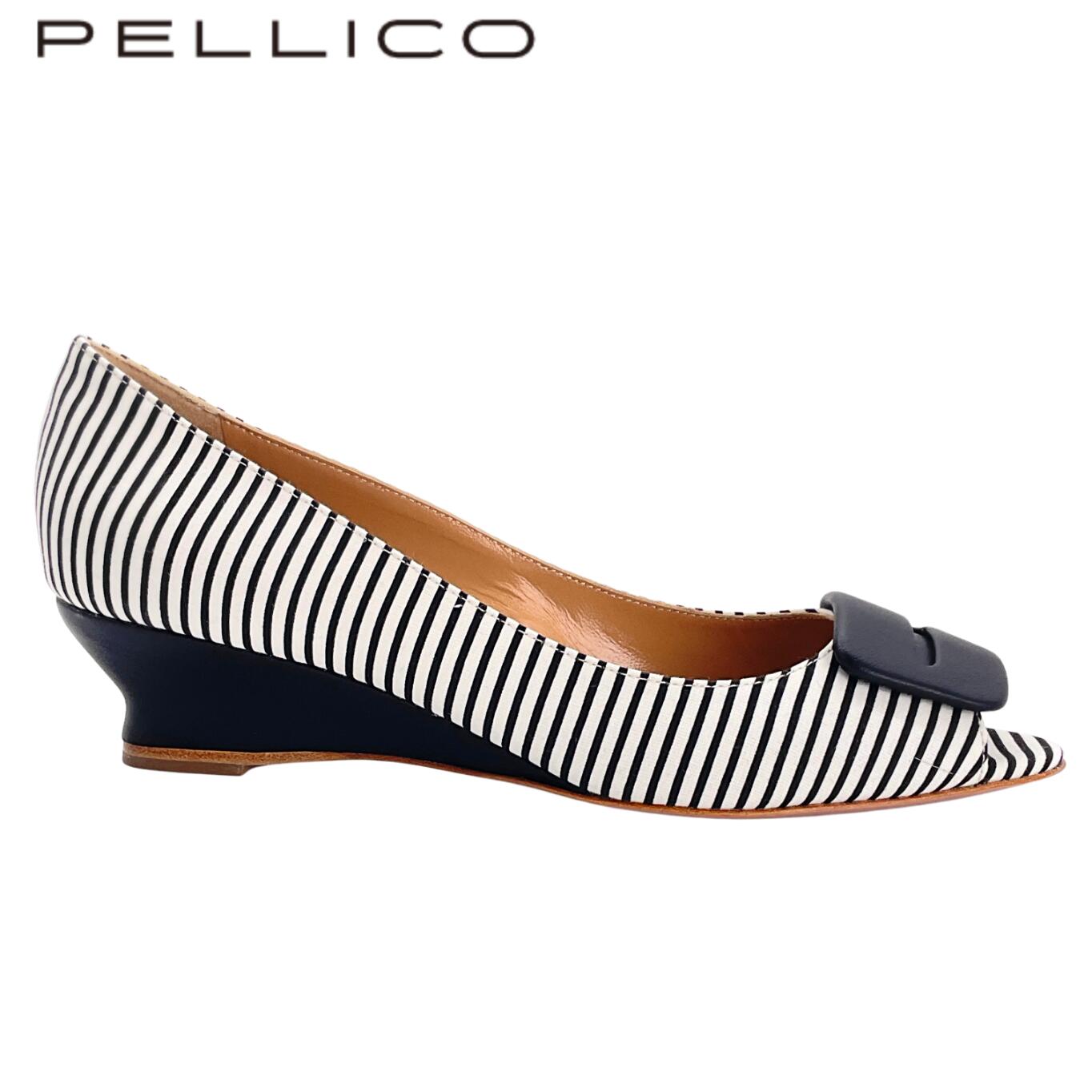 【新品未当て嵌める】PELLICO ペリーコ 6797 BETA 40 SA/Z アネッリフィッビア ストライプウェッジソール パンプス レディース 定め事品 size 37.5 黒いこと×白いこと