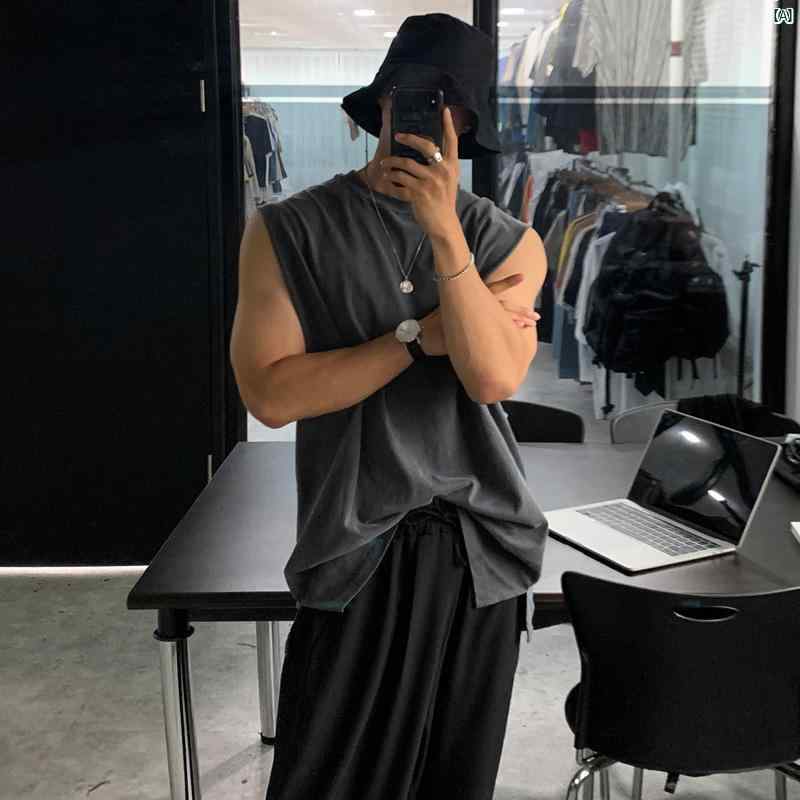 メンズ　ファッション　韓国ファッション　オシャレ　コーデ 男性用 夏 洗い ノースリーブベスト Tシャツ 韓国 バスケットボール ベスト アウターウェア 古風 トップス