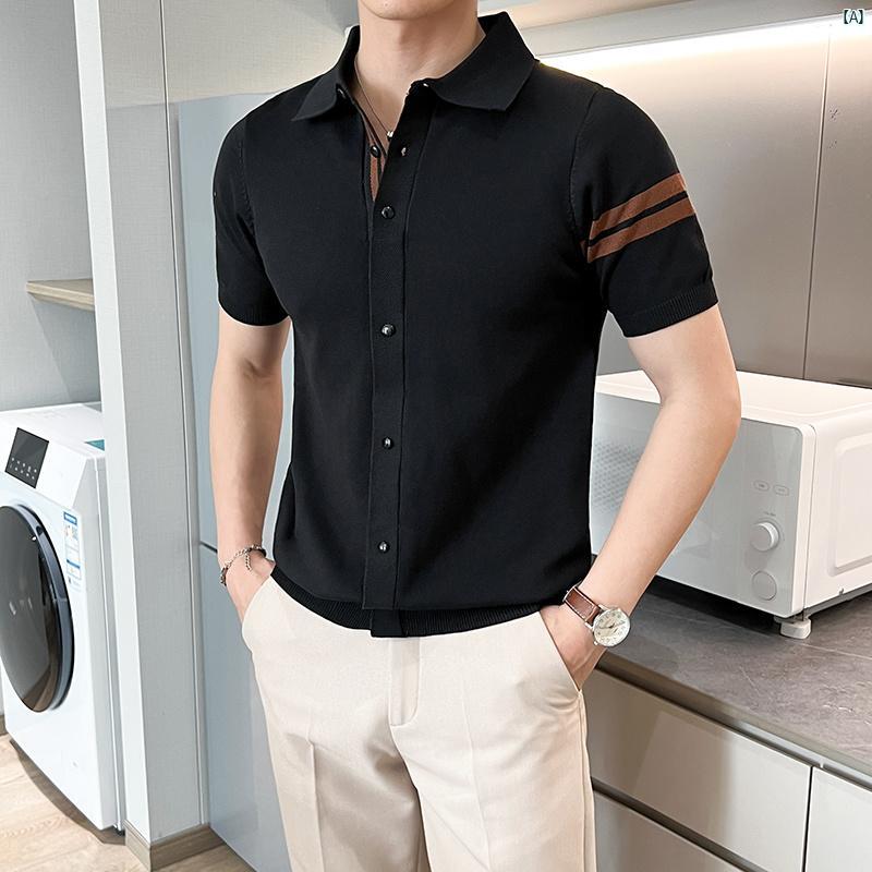 メンズ　ファッション　コーデ 2025 夏 ポロ セーター メンズ 薄手 韓国 スリムフィット ビジネス 通勤 半袖 Tシャツ