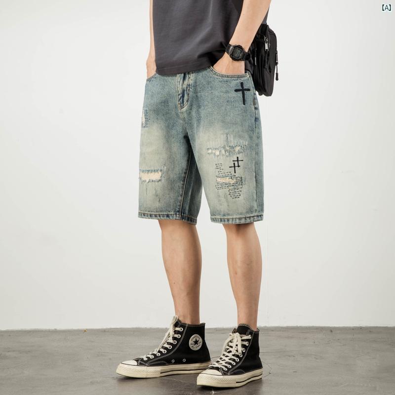 メンズ ファッション コーデ アメリカ ストリート 破れた デニムショートパンツ メンズ 夏 パッチ ストレート カジュアル 五分丈 パンツ