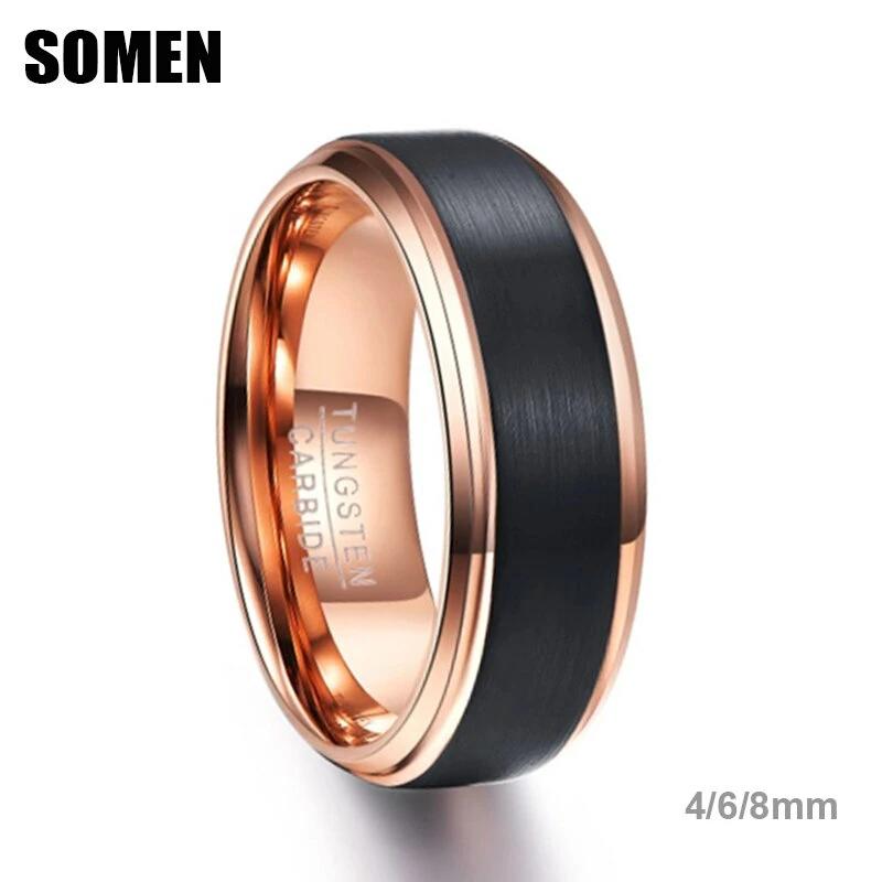 指輪 リング タングステン 黒 ブラック ゴールド レディース 女性 メンズ 男性 ユニセックス カーバイド 4 6 8mm 結婚式 ウェディング バンド ブラシ カット エッジ ローズ インサイド 贅沢 カップル