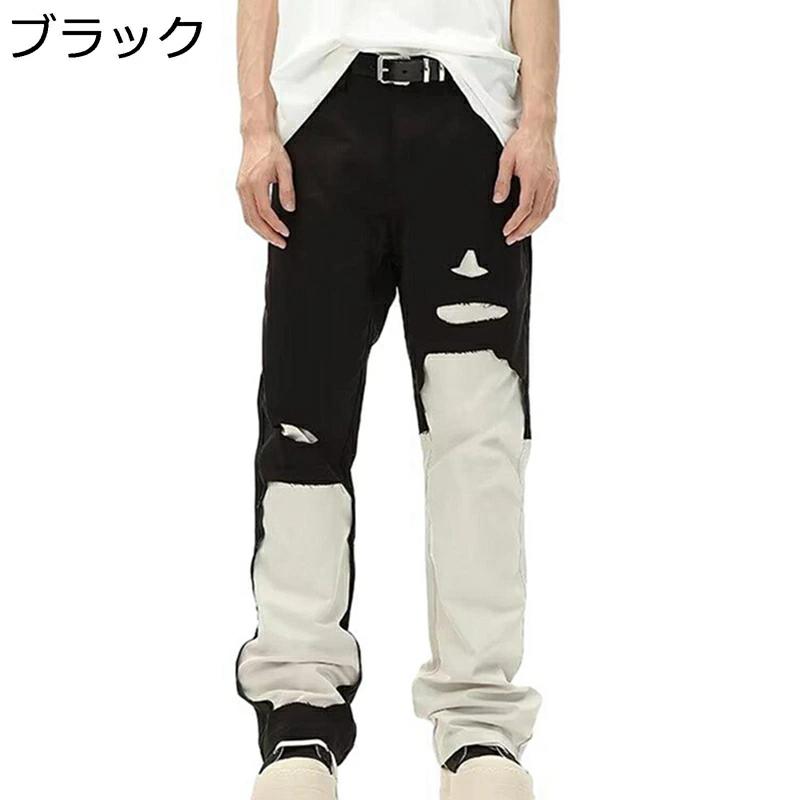 原宿系 デニムパンツ パッチワーク 切り替え ダメージ加工 ロングパンツ メンズ ジーパン ヒップホップ ストリート 個性 ファッション hip hop ストレートタイプ ジーンズ 通年 Gパン 軽量 ルーズ