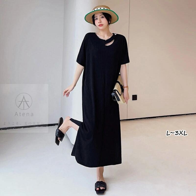 ロングワンピース きれいめ レディース 半袖 夏 春 秋 膝丈 大人 マキシ丈 Tシャツ ワンピース 半袖 黒 ブラック シンプル マタニティワンピース ひざ下 膝下 大きめ 上品 コットン 綿 体型カバー 大きいサイズ カジ
