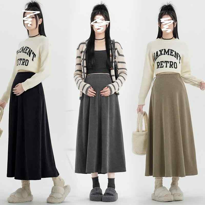 マタニティ スカート 秋冬 Aライン 妊婦服 ミモレ丈 ユーロコットン ゆったり ハイウエスト 無地 黒 カーキ グレー
