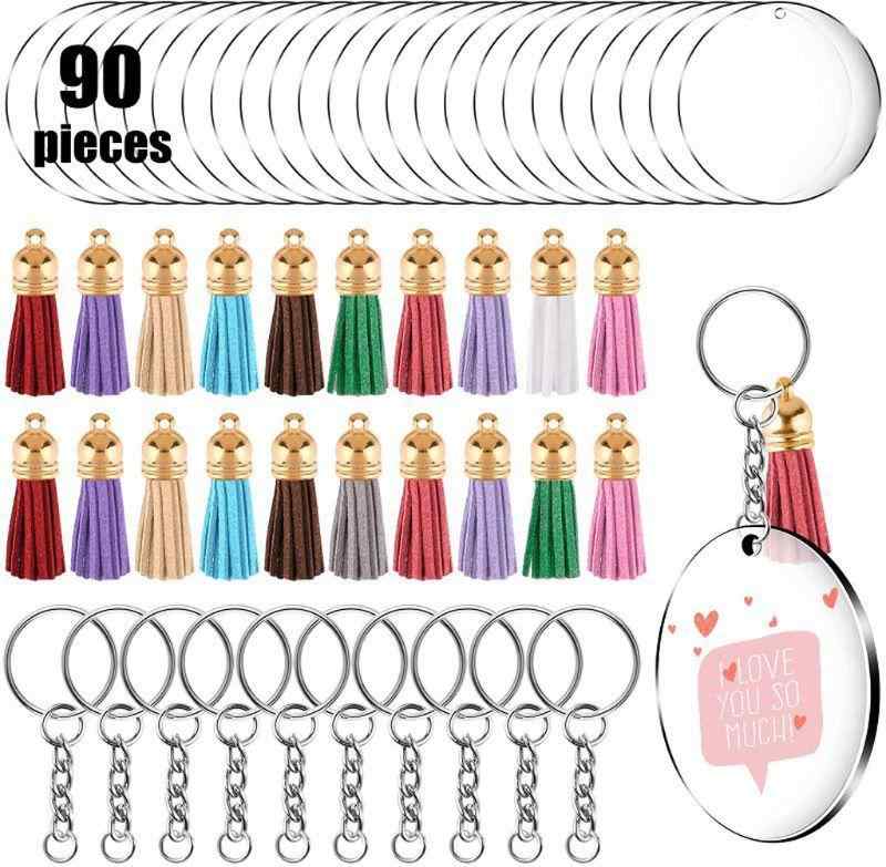 キーホルダー 30個セット レザータッセル付き 高透明 アクリル DIY カップル 友達 ペア バッグチャーム ペンダント デコレーション ゴールド シルバー