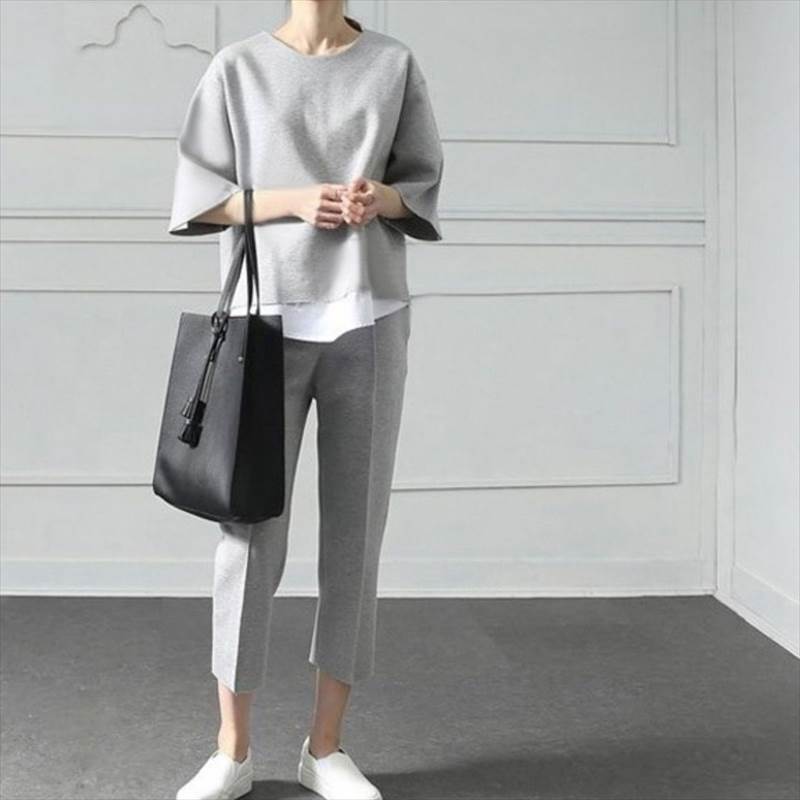 夏 パンツ 職場 ふっくら L サマーニット 個性的 外出 旅行 レディース トップス 2XL ラウンドネック グレー サイズ豊富 半袖 M レイヤード ゆったり 五分袖 3L 学校 上下セット 春 クロップド スニーカーコーデ 裾短め XL 無地 LL