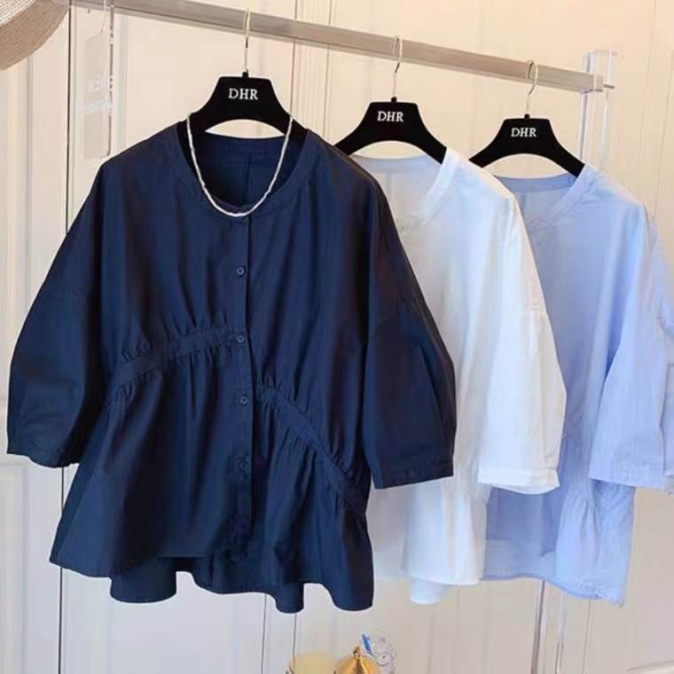 パフスリーブ ホワイト トップス 七分袖 ブルー 裾レース S M 前開き 個性的 青 アシンメトリー カラバリあり 白 ブラウス L フリル 春 サイズ豊富 XL レディース 羽織り 大きいサイズ 2XL 透け感 無地 ラウンドネック ネイビー 藍色 夏 3XL