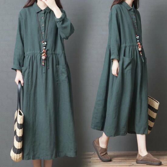 ゆったり 春色 春sale 体型カバー ポケット付き シャツ 春服 春 レディース 着痩せ 夏 ロングワンピース ワンピース ロングワンピ 春新作 ロングワンピ 長袖 大きいサイズ