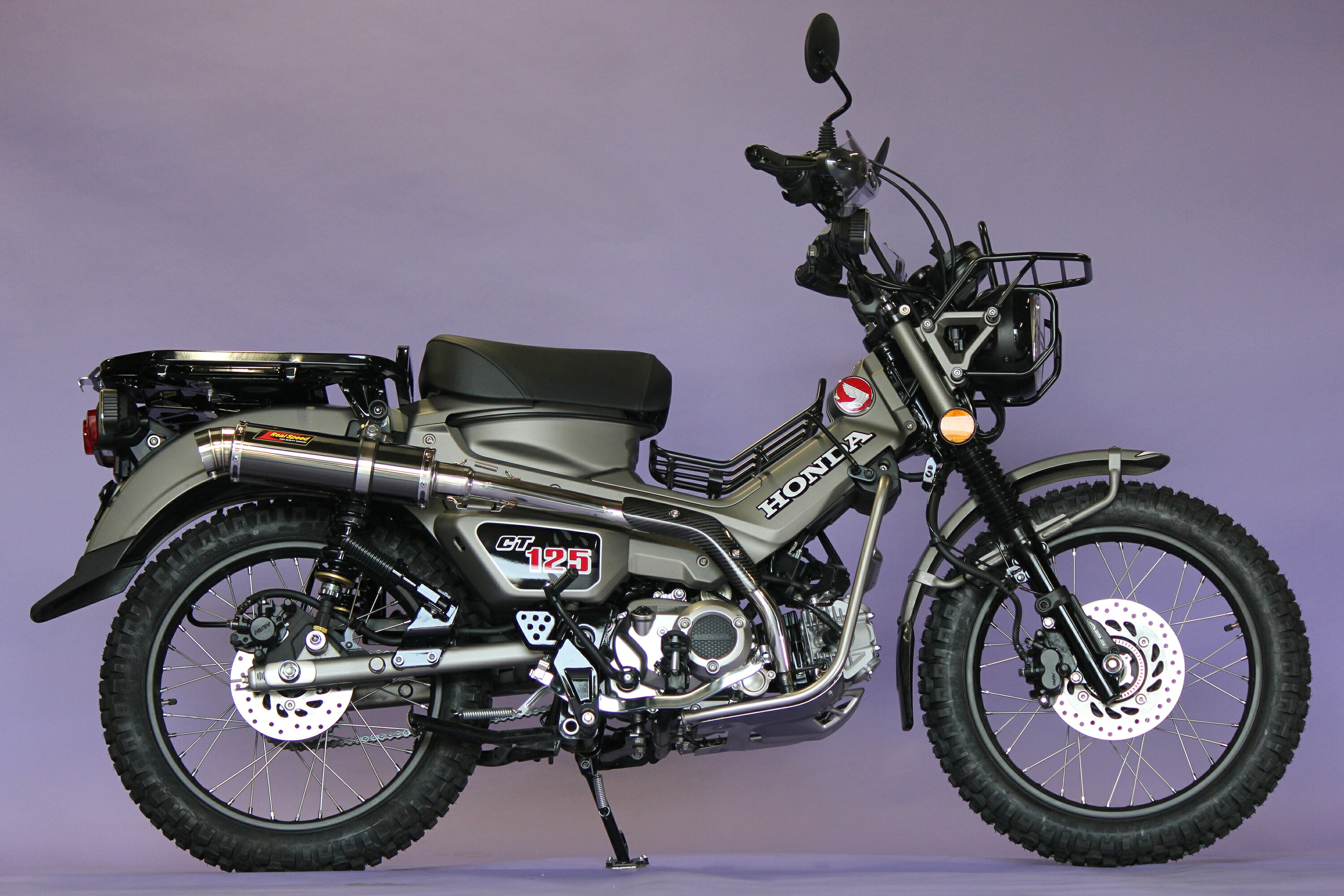 Realspeed CT125ハンターカブ バイクマフラー 8BJ-JA65 2BJ-JA55 ブレイド ステンレス ブラックカラー マフラー カスタム ドライカーボン製 ヒートガード付き カスタム パーツ ホンダ リアルスピード