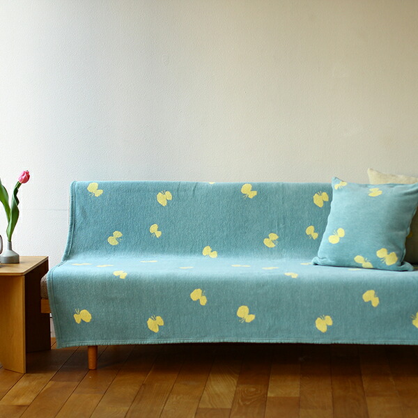【正規取扱店】KLIPPAN クリッパン コットンシングルブランケット CHOUCHO(SIZE:140cm×180cm/ブルーイエロー) KP892307【オーガニックコットン ギフト お昼寝 皆川明 ミナ・ペルホネン チョウチョ ソファーカバー ギフト】